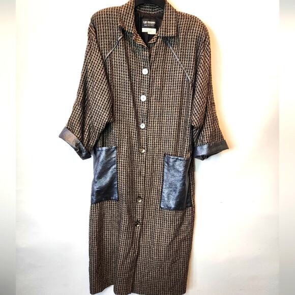 Vintage Wool Blend Coat Leather Trim Brown Black Size M
